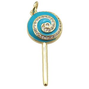 copper Lollipop pendant paved zircon with teal enamel, gold plated, approx 13-30mm