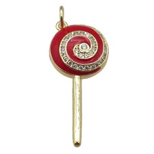 copper Lollipop pendant paved zircon with red enamel, gold plated, approx 13-30mm