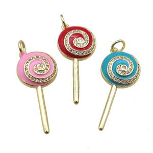 copper Lollipop pendant paved zircon with enamel, gold plated, mixed, approx 13-30mm
