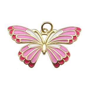 copper Butterfly pendant with pink enamel, gold plated, approx 18-30mm