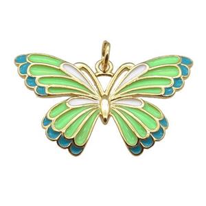 copper Butterfly pendant with green enamel, gold plated, approx 18-30mm