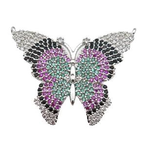 copper Butterfly pendant paved zircon with 2loops, platinum plated, approx 25-30mm