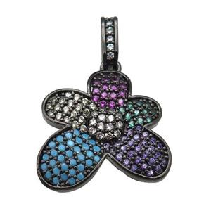 copper Flower pendant paved zircon, black plated, approx 20mm