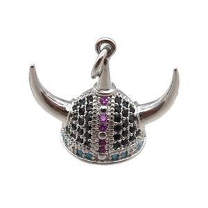 copper Viking Helmet pendant paved zircon, Hat Gothic Norse, platinum plated, approx 15-20mm