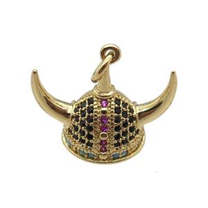 copper Viking Helmet pendant paved zircon, Hat Gothic Norse, gold plated, approx 15-20mm