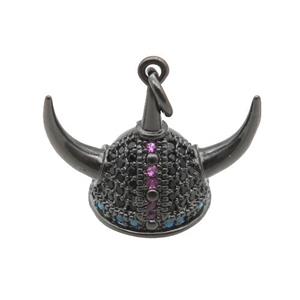 copper Viking Helmet pendant paved zircon, Hat Gothic Norse, black plated, approx 15-20mm