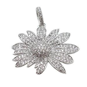 copper Daisy Flower pendant paved zircon, platinum plated, approx 22-28mm