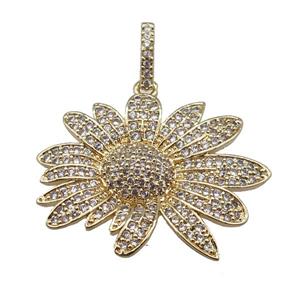 copper Daisy Flower pendant paved zircon, gold plated, approx 22-28mm