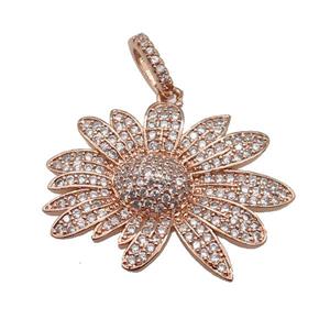 copper Daisy Flower pendant paved zircon, rose gold, approx 22-28mm