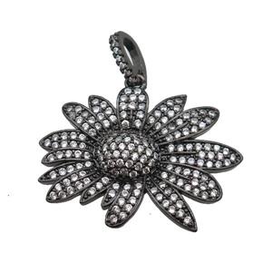 copper Daisy Flower pendant paved zircon, black plated, approx 22-28mm