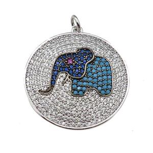 copper Elephant pendant paved zircon, platinum plated, approx 26mm dia