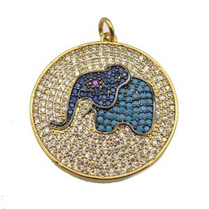 copper Elephant pendant paved zircon, gold plated, approx 26mm dia