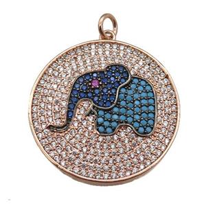 copper Elephant pendant paved zircon, rose gold, approx 26mm dia