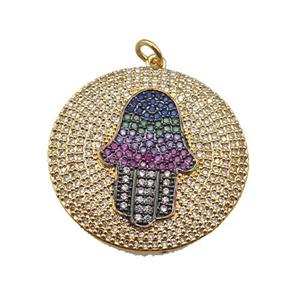 copper Hamsahand pendant paved zircon, gold plated, approx 29mm dia
