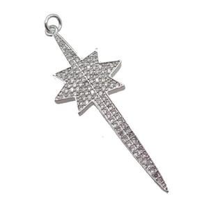 copper Northstar pendant paved zircon, platinum plated, approx 18-50mm