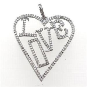 copper Heart pendant paved zircon, LOVE, platinum plated, approx 30-40mm