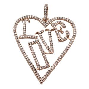 copper Heart pendant paved zircon, LOVE, rose gold, approx 30-40mm