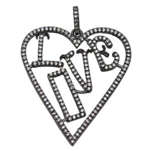 copper Heart pendant paved zircon, LOVE, black plated, approx 30-40mm