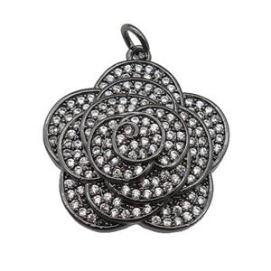 copper Flower pendant paved zircon, black plated, approx 22mm dia