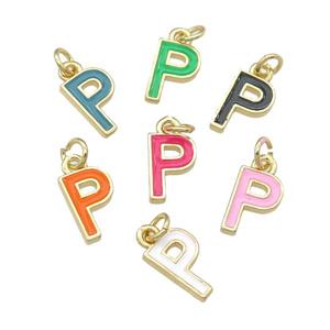 copper Letter-P pendant with enamel, mixed, gold plated, approx 8-9mm