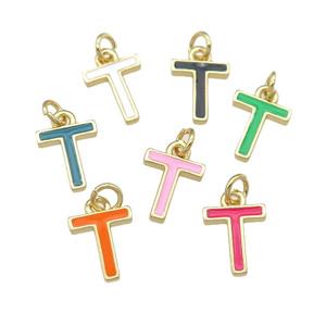 copper Letter-T pendant with enamel, mixed, gold plated, approx 8-9mm