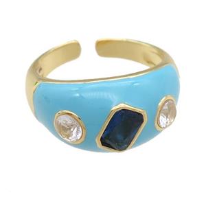 copper Rings paved zircon with lt.blue enamel, gold plated, approx 11mm, 18mm dia