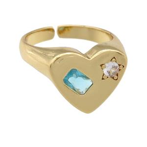 copper Heart Ring paved zircon, gold plated, approx 13-15mm, 17mm dia