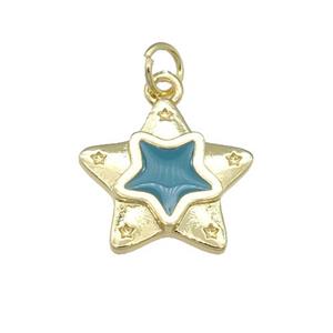 copper Star pendant with teal enamel, gold plated, approx 16mm