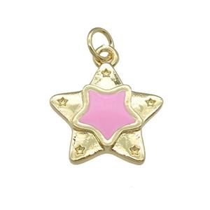 copper Star pendant with pink enamel, gold plated, approx 16mm