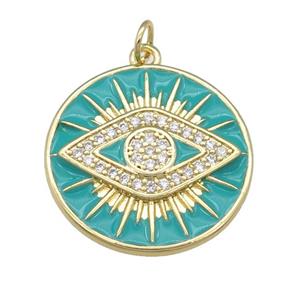 copper Circle Eye pendant paved zircon with teal enamel, gold plated, approx 23mm