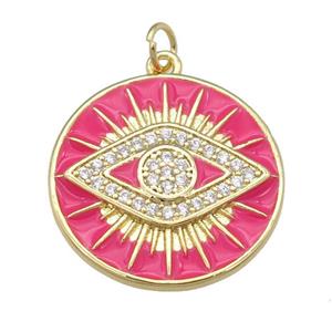 copper Circle Eye pendant paved zircon with hotpink enamel, gold plated, approx 23mm