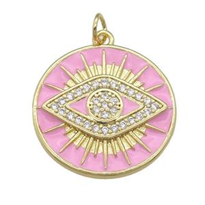 copper Circle Eye pendant paved zircon with pink enamel, gold plated, approx 23mm