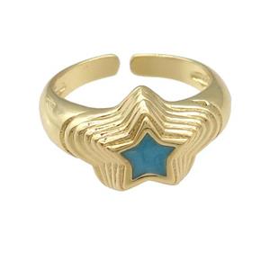 copper star Ring with teal enamel, gold plated, approx 11mm, 18mm dia