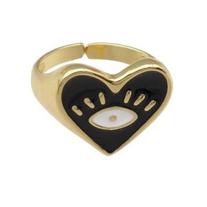 copper Ring with black enamel heart, gold plated, approx 14-16mm, 17mm dia