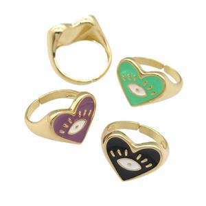 copper Ring with enamel heart, eye, gold plated, mixed, approx 14-16mm, 17mm dia