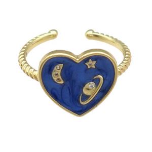 copper Ring with blue enamel heart, planet, gold plated, approx 14mm, 18mm dia