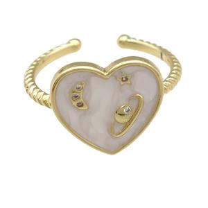 copper Ring with white enamel heart, planet, gold plated, approx 14mm, 18mm dia