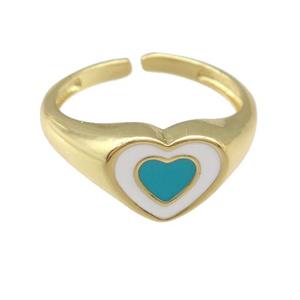 copper Ring with teal enamel heart, gold plated, approx 9-11mm, 18mm dia