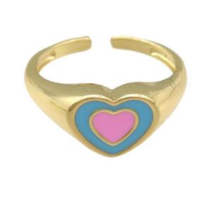 copper Ring with pink enamel heart, gold plated, approx 9-11mm, 18mm dia