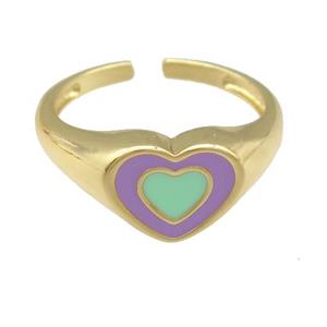 copper Ring with green enamel heart, gold plated, approx 9-11mm, 18mm dia