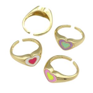 copper Ring with enamel heart, gold plated, mixed, approx 9-11mm, 18mm dia