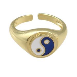 copper Ring with blue enamel taichi, gold plated, approx 10mm, 18mm dia