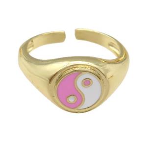 copper Ring with pink enamel taichi, gold plated, approx 10mm, 18mm dia