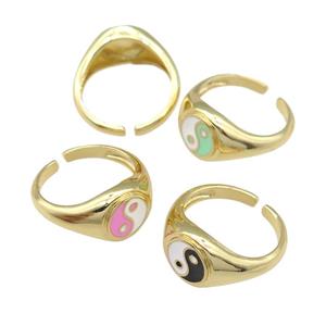 copper Ring with enamel taichi, gold plated, mixed, approx 10mm, 18mm dia