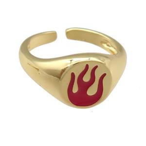 copper Ring with red enamel Fire Flame, gold plated, approx 10mm, 18mm dia