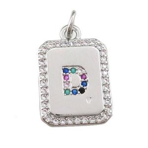 copper Letter-D pendant paved zircon, rectangle, platinum plated, approx 12-15mm