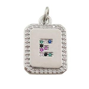 copper Letter-E pendant paved zircon, rectangle, platinum plated, approx 12-15mm