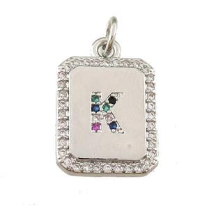 copper Letter-K pendant paved zircon, rectangle, platinum plated, approx 12-15mm