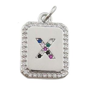 copper Letter-X pendant paved zircon, rectangle, platinum plated, approx 12-15mm