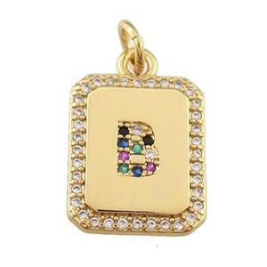 copper Letter-B pendant paved zircon, rectangle, gold plated, approx 12-15mm